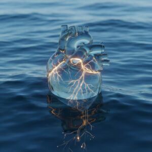 이미지 3 : 사람의 심장 형상 안에 거센 파도가 치고 있거나, 심장이 유리처럼 가느다란 금이 가 있는 모습을 형상화한 일러스트