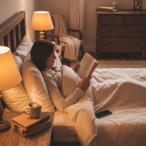 이미지 4 : 아늑한 조명이 켜진 침실에서 스마트폰 대신 따뜻한 차 한 잔과 함께 명상을 하며 하루를 마무리하는 평온한 모습