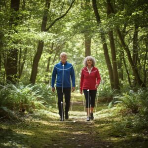 이미지 3 : 푸른 숲길 산책로에서 바른 자세로 걷는 모습과 무릎 및 허리 각도를 안전하게 유지하는 법을 보여주는 인포그래픽 가이드