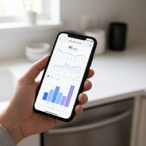 이미지 2 : 스마트폰 앱을 통해 실시간 혈당 변화와 수면 패턴 그래프를 분석하며 일일 건강 리포트를 확인하는 손의 클로즈업 사진