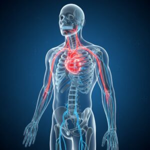 이미지 3 : 인체의 신경계를 보여주며 심장의 통증이 턱, 어깨, 등으로 뻗어 나가는 경로를 시각화한 그림