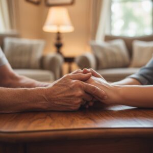 이미지 6 : 두 사람이 따뜻하게 포옹하고 있거나, 서로의 손목을 부드럽게 맞잡고 눈을 맞추며 미소 짓는 정겨운 모습