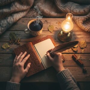 이미지 5 : 돋보기 안경을 쓰고 정성스럽게 일기장에 글을 적는 손과 그 옆에 놓인 따뜻한 차 한 잔