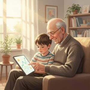 이미지 3 : 밝은 창가에서 할아버지가 손자에게 태블릿 PC로 무언가를 가르쳐주고 있고, 화면에는 그래프와 숫자가 보이는 평화로운 장면