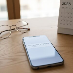 이미지 2 : 달력의 2026년 날짜 위에 기초연금 40만 원이 입금되었다는 알림이 뜬 스마트폰과 그 곁에 놓인 돋보기 안경