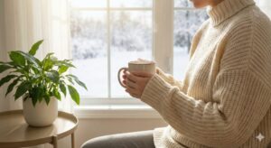 이미지 4 : 따뜻한 차를 마시며 창밖의 눈 오는 풍경을 평화롭게 바라보고 있는 건강하고 밝은 모습의 사람