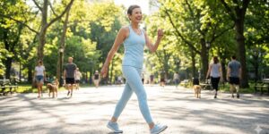 이미지 1 : 활기차게 공원을 산책하며 웃고 있는 사람의 모습