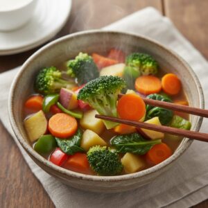 이미지 3 : 따뜻한 국물 요리에서 건더기 위주로 젓가락을 사용하여 식사하는 건강한 식습관 모습