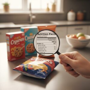 이미지 2 : 가공식품 뒤에 적힌 영양 성분표의 나트륨 함량을 돋보기로 확대해서 보는 모습