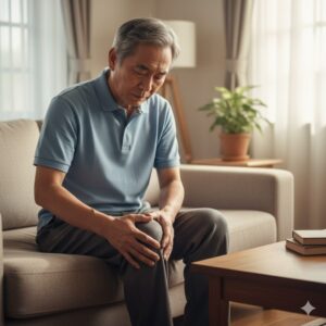 이미지 1 : 무릎 통증 부위를 양손으로 감싸며 소파에 앉아 걱정스러운 표정을 짓고 있는 모습