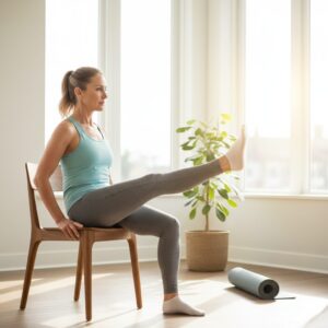 이미지 2 : 햇살이 잘 드는 거실에서 의자에 앉아 한쪽 다리를 쭉 펴고 버티는 근력 운동을 하는 모습