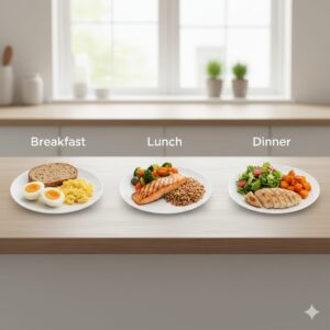 아침, 점심, 저녁 세 개의 접시에 단백질이 골고루 나누어진 인포그래픽 스타일