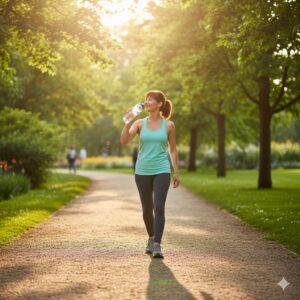 이미지 4 : 햇볕 아래서 가볍게 걷는 모습과 물을 마시는 건강한 노년의 모습