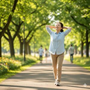 이미지 3 : 따뜻한 햇살 아래서 가벼운 산책을 즐기며 비타민 D를 보충하는 사람의 모습