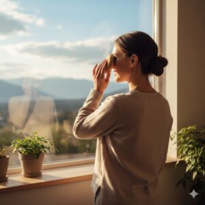 이미지 4 : 창밖의 먼 산을 바라보며 눈의 피로를 푸는 평온한 모습