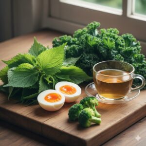 이미지 2 : 깻잎, 케일, 메리골드 차, 계란 노른자가 정갈하게 차려진 식탁 풍경