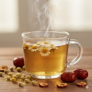 이미지 3 : 김이 모락모락 나는 투명한 찻잔에 담긴 노란 캐모마일 꽃차와 그 옆에 놓인 말린 대추
