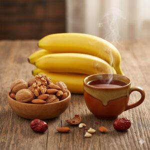 이미지 2 : 식탁 위에 정갈하게 놓인 바나나, 견과류, 그리고 김이 모락모락 나는 대추차 한 잔의 정물화