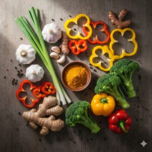 이미지 2 : 도마 위에 놓인 신선한 생강 뿌리와 으깬 마늘, 그리고 강황 가루