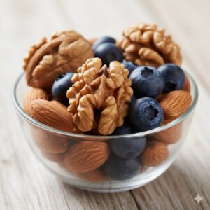 이미지 2: 신선한 호두, 아몬드, 블루베리가 담긴 작은 유리 접시