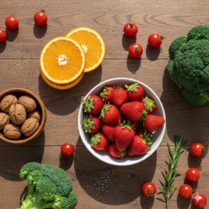 이미지 3 : 신선한 과일, 채소, 견과류가 정갈하게 차려진 건강하고 먹음직스러운 식탁 모습