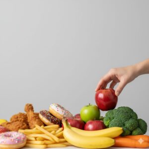 이미지 3: 튀김이나 달콤한 도넛 대신 신선한 과일과 채소를 선택하는 손