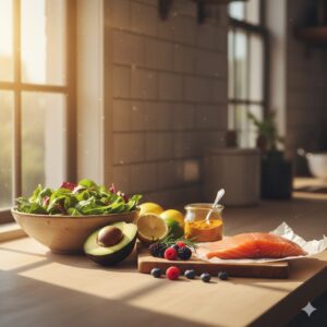 이미지 1 : 따뜻한 햇살이 비치는 주방 테이블 위에 신선한 채소와 생선, 견과류가 정갈하게 놓여 있는 모습