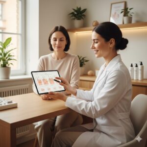 이미지 2 : 피부과에서 전문가와 함께 피부 상태를 상담하며 화면을 보고 있는 편안한 분위기의 장면