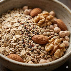 이미지 3 : 다양한 종류의 통곡물과 견과류를 클로즈업한 사진