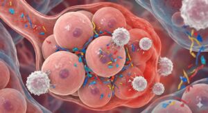 이미지 번호 2 : 미세한 플라스틱 입자들이 폐 세포 사이로 침투하여 염증을 일으키는 과정을 보여주는 현미경 시점의 일러스트