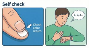 이미지 번호 3 : 손톱을 눌러 혈색을 확인하는 모습과 시계를 보며 호흡수를 체크하는 자가진단 가이드 이미지