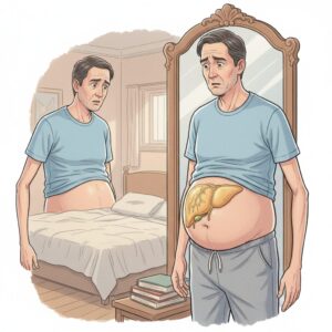 이미지 번호 1 : 거울 앞에서 팔다리는 가늘지만 아랫배만 볼록하게 나온 자신의 모습을 보며 당황해하는 중년 남성의 일러스트