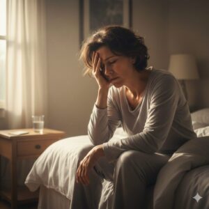 이미지 1 : 아침에 침대에서 일어나며 어지러움을 느껴 머리를 짚고 있는 사람의 모습