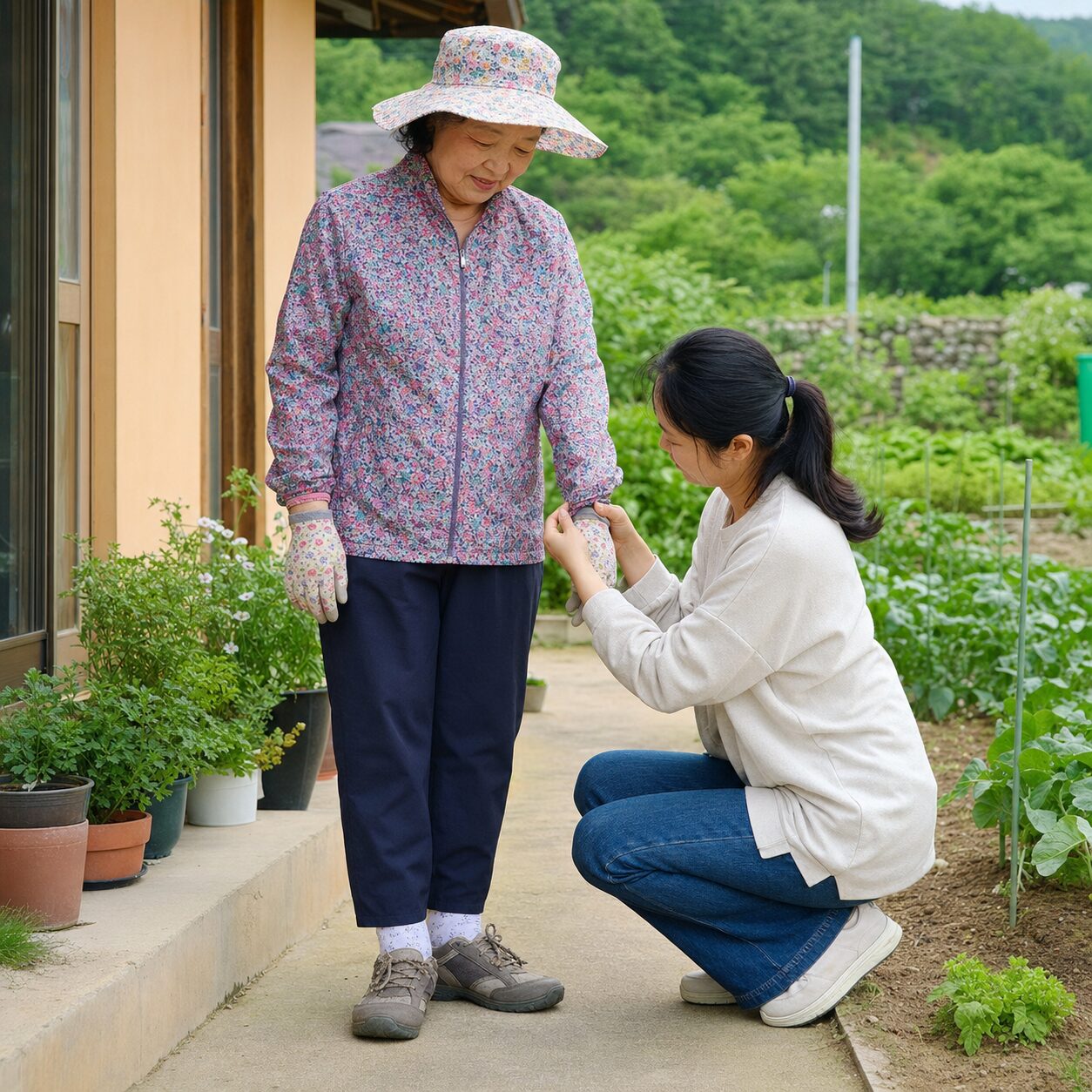 밝은색 긴 옷과 장갑을 점검하는 시니어와 가족