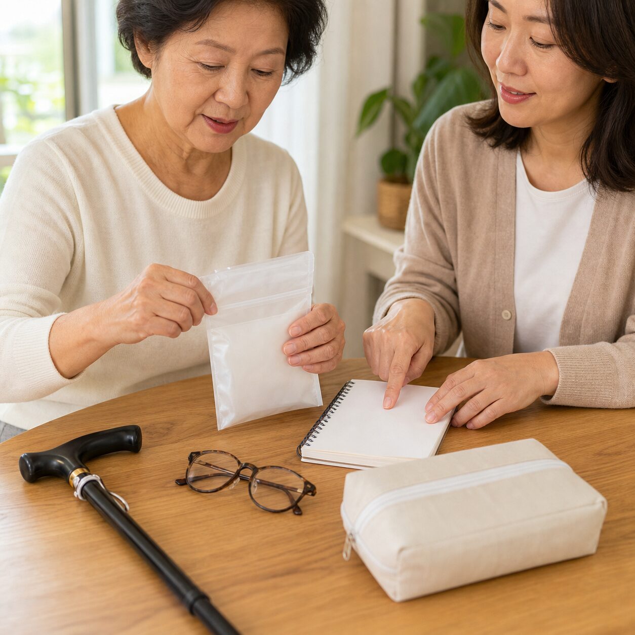 장기요양 방문조사를 앞두고 복용약과 일상 기록을 정리하는 시니어와 가족