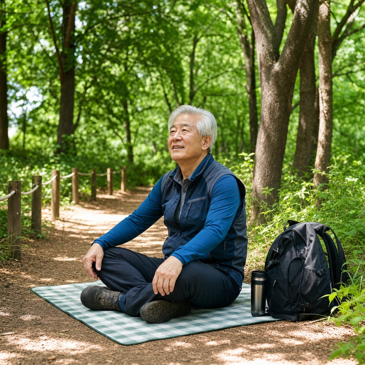 정해진 산책로 옆 돗자리에서 쉬는 시니어