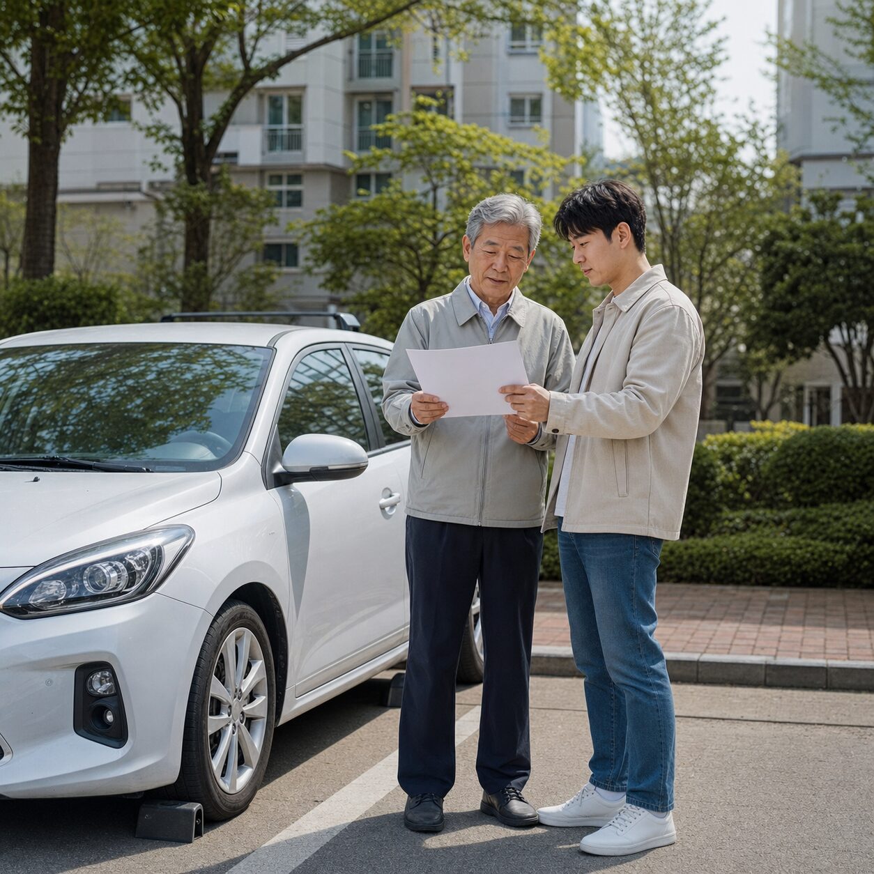 차량 옆에서 안전운전 점검표를 살피는 가족