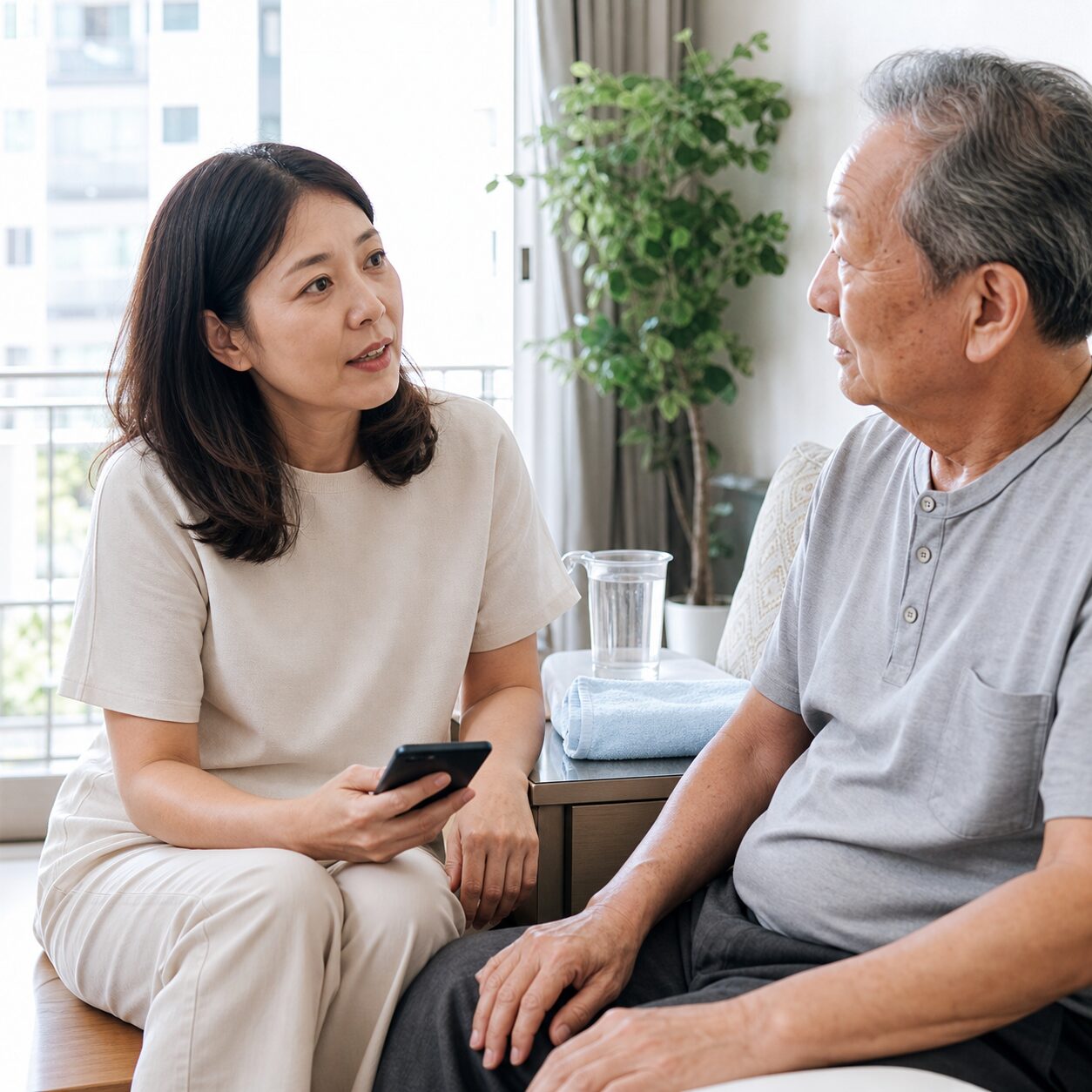가족이 어르신의 상태를 확인하고 도움을 요청하는 모습