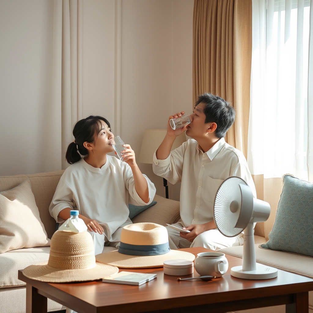 이미지 2 - 폭염에 대비해 실내 냉방, 수분, 모자와 양산을 준비한 생활 모습