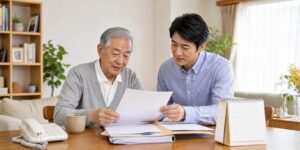노인장기요양보험 신청 서류를 함께 준비하는 시니어와 가족