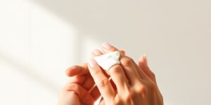 여름철 햇살 아래 부드럽게 보습제를 바르는 시니어의 손 모습