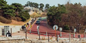 계단 없는 평탄한 무장애 관광지의 산책로 전경
