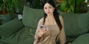 스마트 응급 호출 장치를 손에 들고 편안하게 휴식을 취하고 있는 시니어의 모습