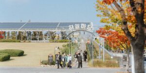 가을 산행을 즐기는 시니어 부부가 선글라스를 착용하고 단풍길을 걷는 모습