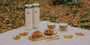 가을 공원 벤치 위에 놓인 세련되고 가벼운 스테인리스 보온병